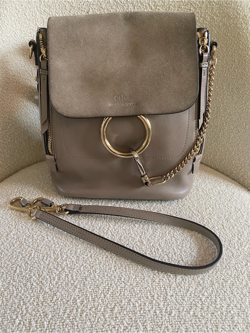 Chloé Taupe Suede & Leather Crossbody with Gold Ring